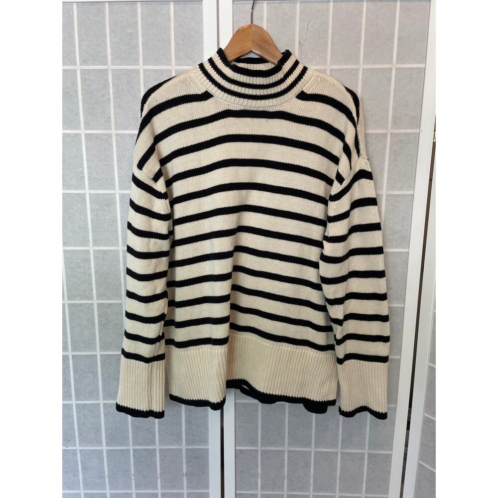 Lucky Brand Stripe Turtleneck Sweater Cotton Cashmere Blend M Coastal Minimalist - Picture 2 of 8